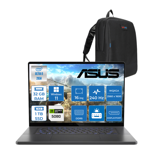 Rog Zephyrus G16 GU605CW Intel Core Ultra 9 285H Aı 32GB 1tb SSD RTX5080TI-16GB 120W WIN11HOME 16" OLED 2.5k 240Hz 0.2ms 550 Nits Wqxga (2560 x 1600) Taşınabilir Bilgisayar WQR160108+ZETTAÇANTA