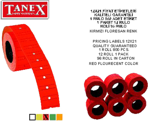Makine Etiketi 12X21 Mm Çizgili Fosforlu Kırmızı 6 Lı Tnx1221530800 (1 Paket 6 Adet)