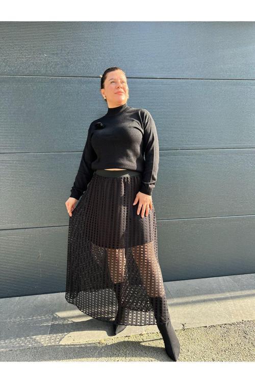 Siyah Astarlı File Dantel Astarlı Etek