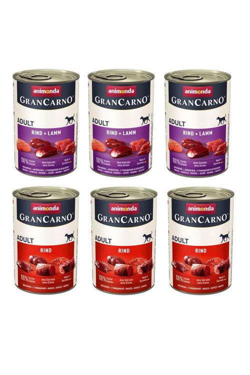 Grancarno 2 Çeşit Sığır + Sığır Ve Kuzu Etli Karma Köpek Konserve 400 Gr. X 6 Adet