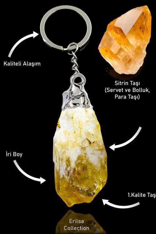 Sertifikalı Ham İşlenmemiş Sitrin Taşı Anahtarlık - Gümüş Alaşımlı