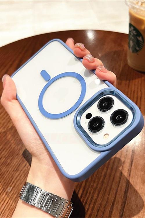 iPhone 15 Pro Kılıf Renkli Kenar Şeffaf Kamera Çevresi Metal Magsafe TPU Silikon