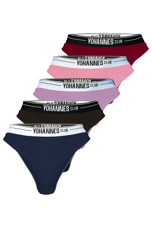 Kadın, Lastik Kemerli Brazilian Külot, 5'li, Pudra, Lila, bordo, Lacivert, Siyah