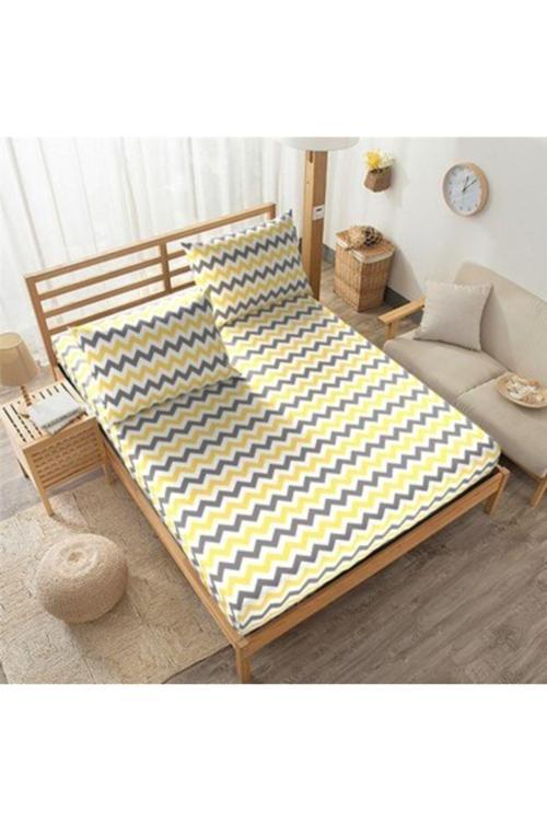 Mer-Tim Pamuklu Ranforce Tek Kişilik 100X200 Lastikli Çarşaf Takımı - Sarı Zikzak Desenli