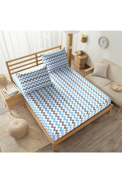 Mer-Tim Pamuklu Ranforce Tek Kişilik 90X190 Cm Kumaş Lastikli Çarşaf Seti - Mavi Zikzak Desenli