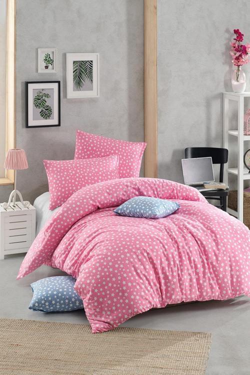 Mer-Tim Pamuklu Ranforce Çift Kişilik Lastiksiz Pembe Yıldız Desenli Nevresim Takımı - 200X220