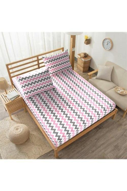 Mer-Tim Pamuklu Ranforce Çift Kişilik 160X200 Lastikli Çarşaf Takımı - Pembe Zikzak Desenli