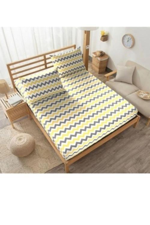 Mer-Tim Pamuklu Ranforce Tek Kişilik 90X190 Cm Kumaş Lastikli Çarşaf Seti - Sarı Zikzak Desenli