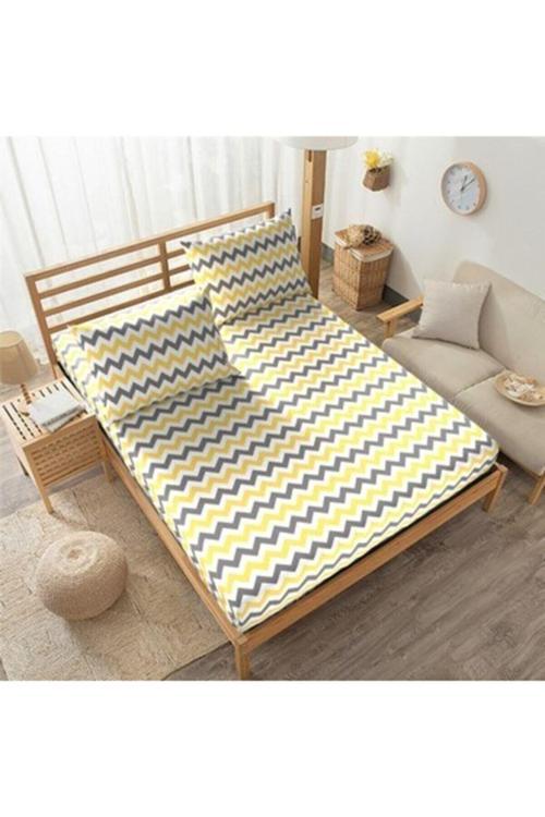 Mer-Tim Pamuklu Ranforce Çift Kişilik 160X200 Lastikli Çarşaf Takımı - Sarı Zikzak Desenli