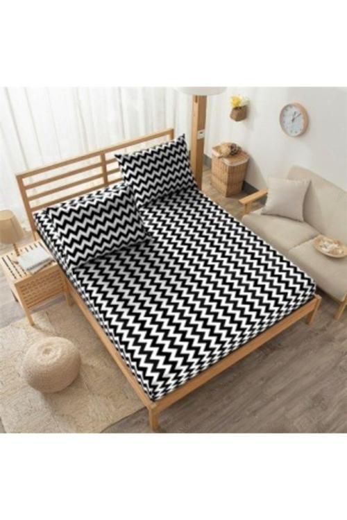 Tek Kişilik 100X200X25 Lastikli Çarşaf Takımı - Siyah-Beyaz Zikzak Desenli