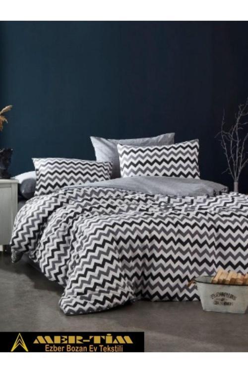 Mer-Tim Pamuklu Ranforce Çift Kişilik Siyah-Gri Zikzak 200X220 Nevresim Seti (Çarşaf Dahil Değildir)