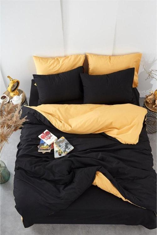 Mer-Tim Pamuklu Ranforce Tek Kişilik Çift Taraflı Nevresim Yorgan Kılıfı 160X220 Siyah-Sarı