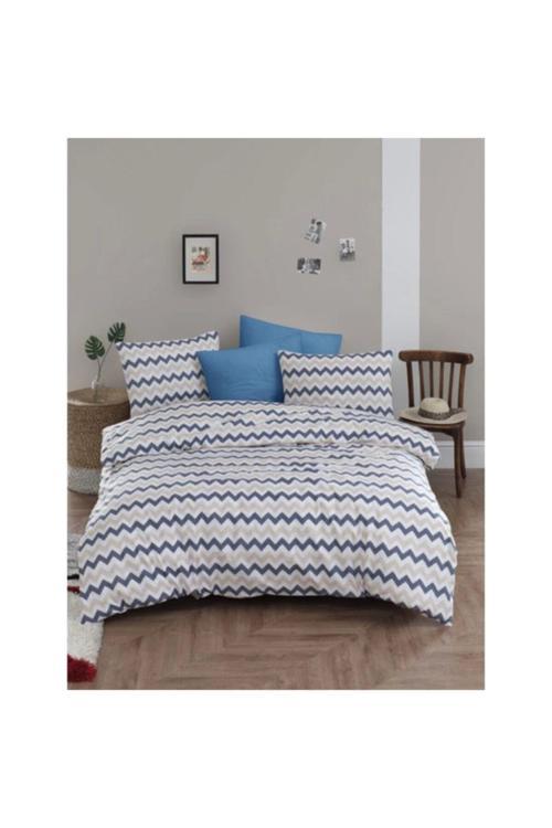 Çift Kişilik Lastiksiz Nevresim Takımı Pamuklu Ranforce 200 X 220 - Mavi Zikzak Desenli