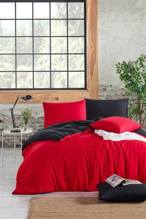 Mer-Tim Pamuklu Ranforce Tek Kişilik 160X220 Çift Taraflı Nevresim Yorgan Kılıfı Siyah-Kırmızı