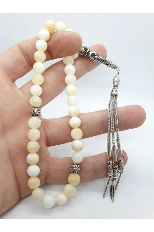 Aragonit Doğal Taş Tesbih 8 mm Krem Beyaz Damarlı