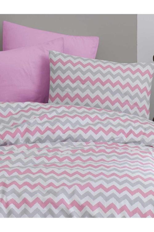 Mer-Tim Tek Kişilik Lastiksiz Pembe Zikzak Desenli Pamuklu Ranforce Nevresim Takımı 160 X 220
