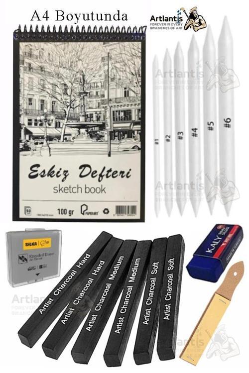 Sıkıştırılmış Kömür Füzen ve A4 Eskiz Defteri 1 Paket Siyah Kare Press Kömür Füzen Yassı Çizim Gölgelendirme Grafit