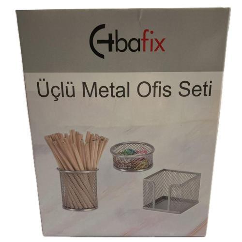 Masa Seti Ataşlık-Kağıtlık-Kalemlik 3 Lü Metal Perforeli Set Gri Bfx-Mms9801G