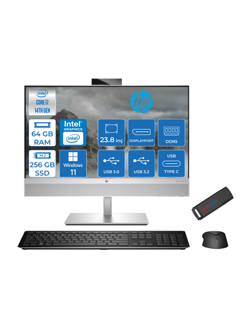 Eliteone 840 G9 14.nesil Intel® Core I7 14700 64GB Ddr5 256GB SSD Fhd 23.8" IPS Windows 11 Pro All In One Bilgisayar 7B1D4EAW16 + Zetta Bellek