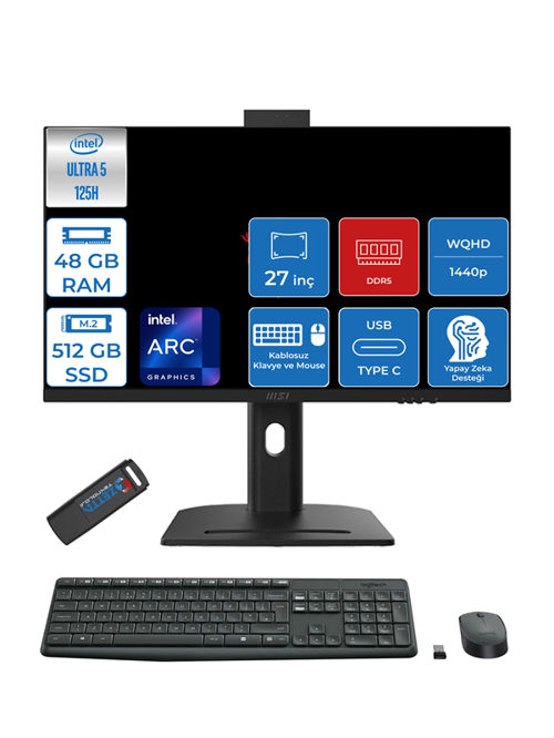 Modern Aı Intel Core Ultra 5 125H 48GB Ddr5 512GB SSD Intel® Arc™ Graphics WIN11PRO 27" 2k Wqhd Yapay Zeka Destekli All In One Bilgisayar AM273QPP13 + Zettausbbellek