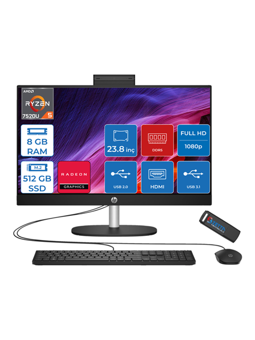 24-CR0034NT Amd Ryzen 5 7520U 8gb 512GB SSD Windows 11 Home Amd Radeon™ Grafik Kartı 23.8 Inç IPS Fullhd All In One Bilgisayar 80N40EAH21+ Zetta Flash Bellek