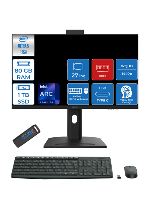 Modern Aı Intel Core Ultra 5 125H 80GB Ddr5 1tb SSD Intel® Arc™ Graphics Freedos 27" 2k Wqhd Yapay Zeka Destekli All In One Bilgisayar AM273QPF22 + Zettausbbellek