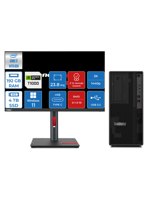 Thinkstation P2 Intel® Vpro I7 14700 192GB Ddr5 2tb SSD + 2tb SSD 8GB/T1000 23.8" 2k Monitör Windows 11 Pro Raid Destekli Masaüstü Iş Istasyonu 30FR001HTRMWP45 + Zettausbbellek