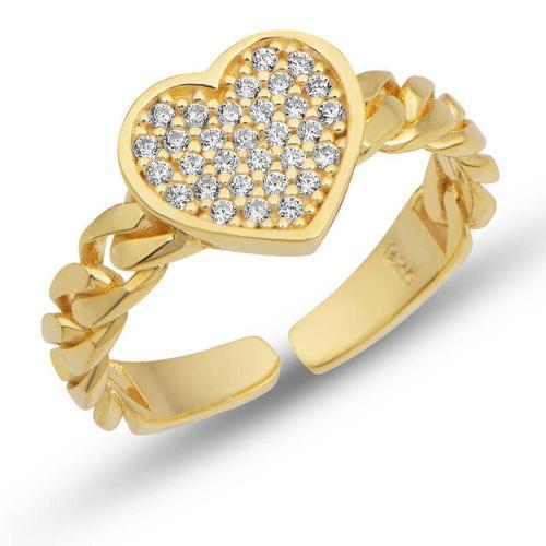 Gümüş Ayarlanabilir Gold Kalpli Kadın Yüzük SL5287