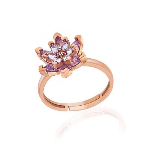 Gümüş Rose Lila Taşlı Lotus Çiçeği Kadın Yüzük SL5369