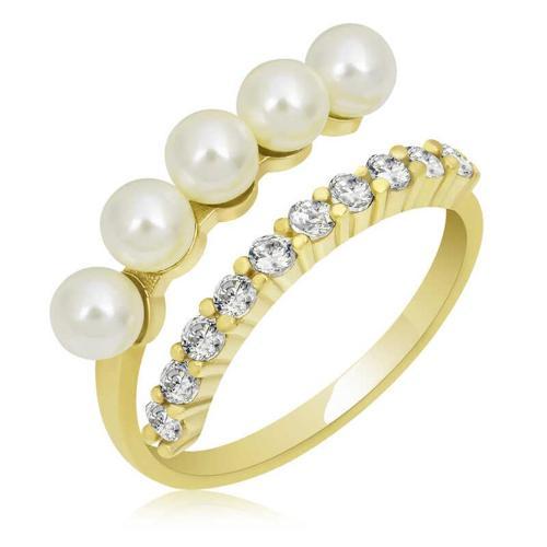 Gümüş Gold Ayarlanabilir İnci Taşlı Kadın Yüzük SL5097