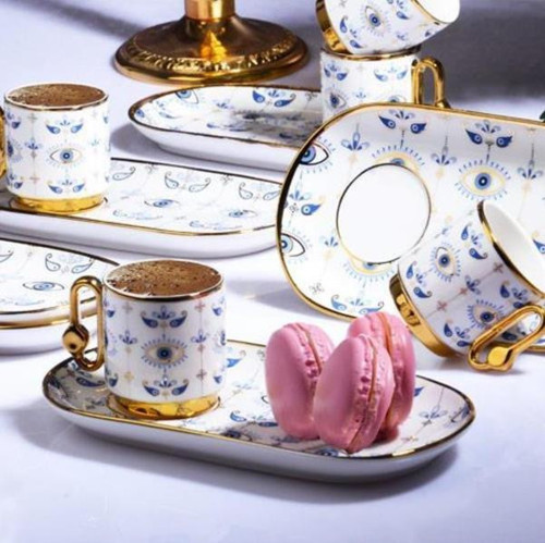 İst-135 Porselen 90 cc 6'lı Fincan Takımı Uzun Tabak Evil Eye