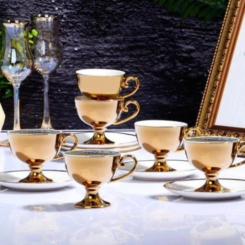 İst-70 Porselen 90cc 6'lı Yaldız Ayaklı Fincan Takımı White Tabak Gold