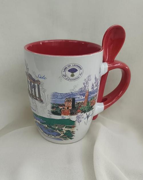Kupa Bardak Kaşıklı Kulplu Seramik Türkiye Yazılı Meşrubat Su Kahve Bardağı 340 ml Antalya Görselli 