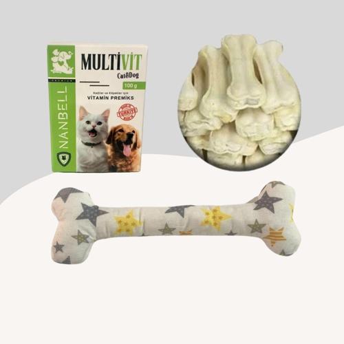 12Cm Beyaz Çiğneme Kemiği 5Li + Multivitamin + Yumuşak Oyuncak Beyaz Desenli