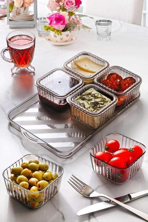 6 Bölmeli Kare Kapaklı Tepsili Lüks Kahvaltılık Modern Sunum Seti Ve Saklama Kabı