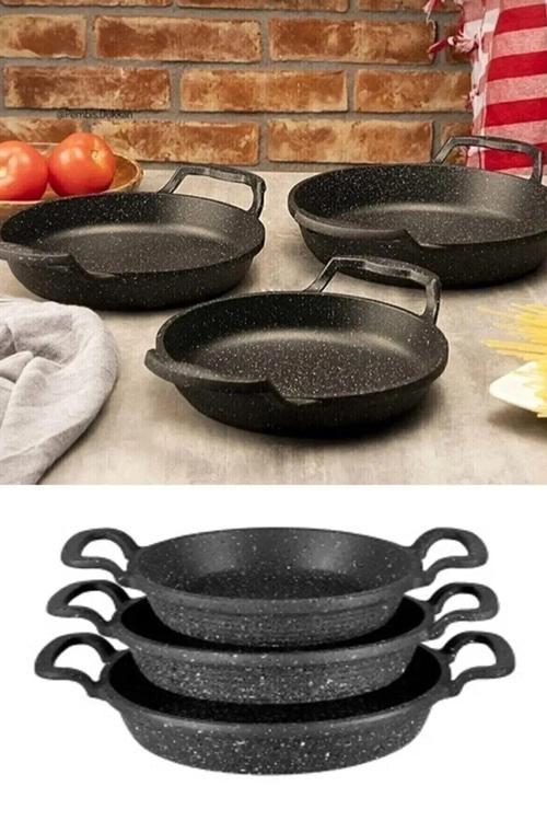 Siyah 3'Lü Lüx Granit Döküm Sahan Seti Paslanmaz Çelik Sahan Tava Seti Yumurta Tavası (22-20-18Cm)