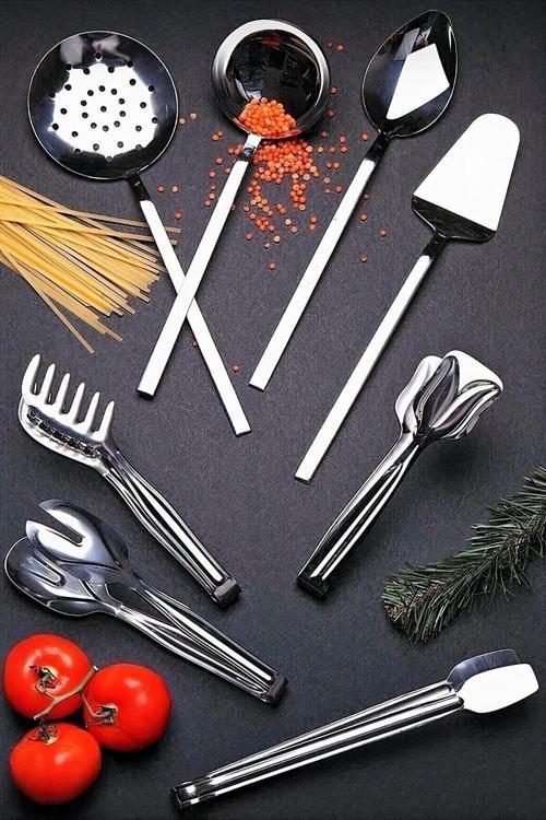 8 Adet Modern Çubuk Model Servis Seti, Kepçe Kevgir Kaşık Spatula Makarna Salata Izgara Pasta Maşası