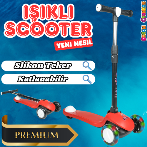 Lupa Katlanabilir Işıklı 3 Tekerlekli Kırmızı Scooter - Işıklı Scooter - Slikon Teker Scooter - Çocu