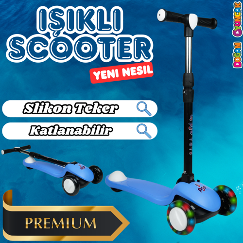 Lupa Katlanabilir Işıklı 3 Tekerlekli Mavi Scooter - Işıklı Scooter - Slikon Teker Scooter - Çocuk S