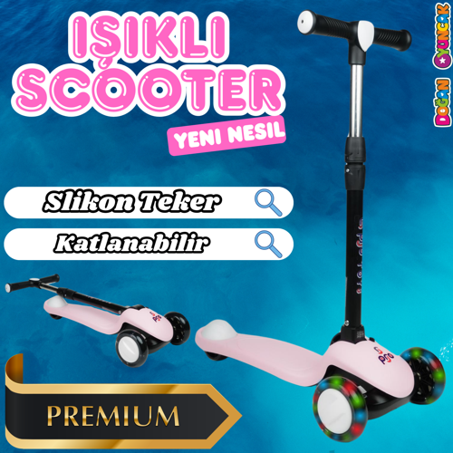 Lupa Katlanabilir Işıklı 3 Tekerlekli Pembe Scooter - Işıklı Scooter - Slikon Teker Scooter - Çocuk 