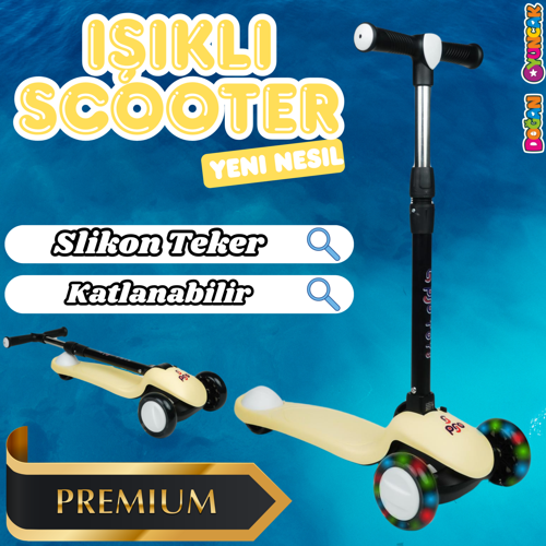 Lupa Katlanabilir Işıklı 3 Tekerlekli Sarı Scooter - Işıklı Scooter - Slikon Teker Scooter - Çocuk S