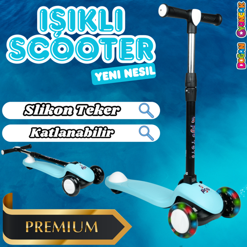 Lupa Katlanabilir Işıklı 3 Tekerlekli Turkuaz Scooter - Işıklı Scooter - Slikon Teker Scooter - Çocu