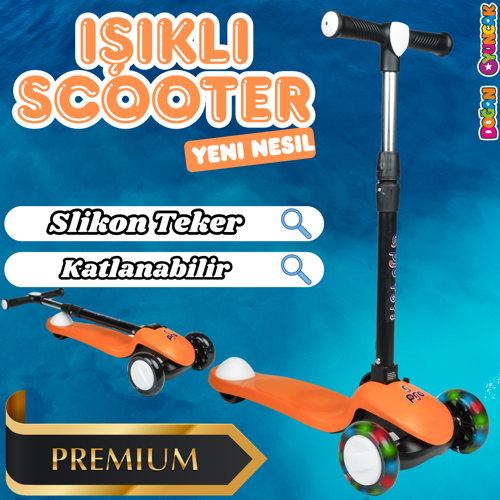 Lupa Katlanabilir Işıklı 3 Tekerlekli Turuncu Scooter - Işıklı Scooter - Slikon Teker Scooter - Çocu