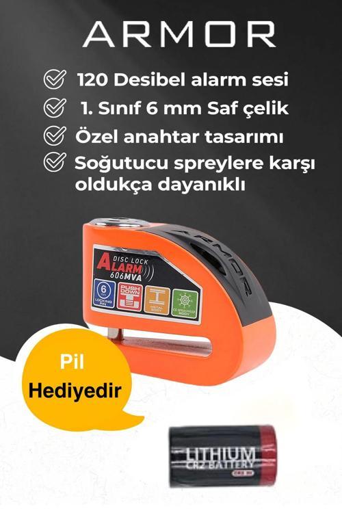 Armor 606MVA 6 Mm 120 Uyumlu Desibel Motosiklet Alarmlı Disk Kilidi Kesilmez Çelik