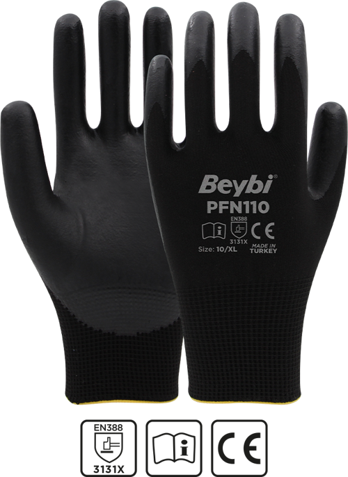 Pfn110 10 Beden Siyah Polyester Örgü Üzeri ½ Köpük Nitril Kaplı İş Eldiveni En388 3131X (12 Li Paket)