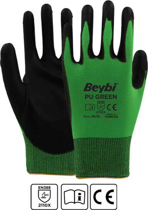 Pu Green 10 Beden İş Eldiveni Poliüretan Kaplı Polyester Örme Ediven 2110X (12 Li Paket)