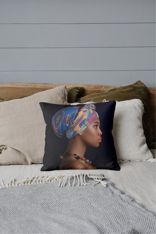 4 Adet Kırlent Ve Kılıfı Athıra Afrikan Kadın Portre Desenli Dijital Baskı Rachel Kumaş 45X45