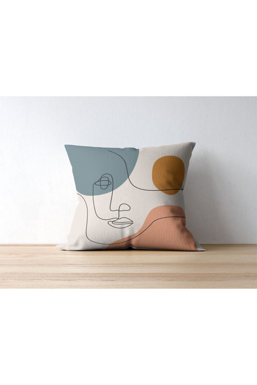 4 Adet Kırlent Ve Kılıfı Athıra Minimal Soyut Çizim Dijital Baskı Rachel Kumaş 45X45 Pofik Yastıklı