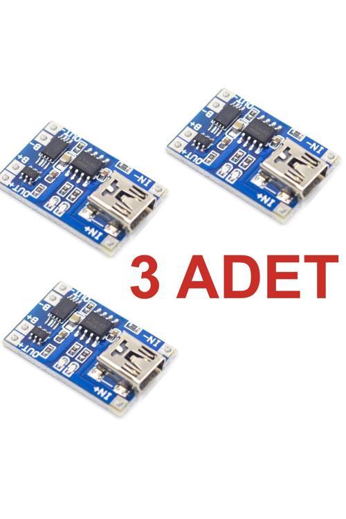 3 Adet Tp4056 Akım Korumalı 1A Lipo Batarya Şarj Modülü (Mini Usb)