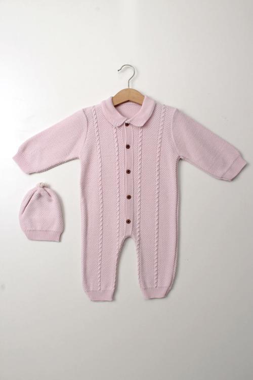 Pembe Kız Bebek Tulum Şapkalı Triko Düğmeli Uzun Kollu Kışlık Yenidoğan Giyim